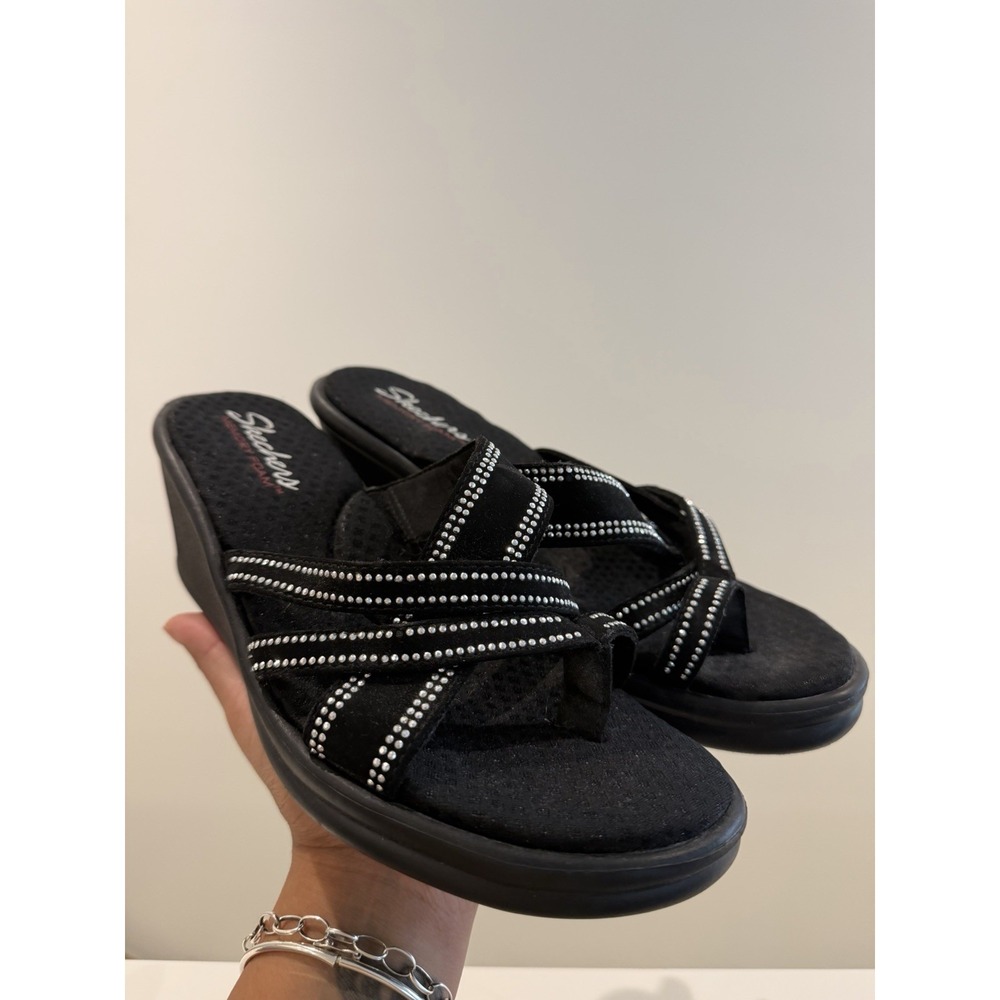kechers Women's Size 9 Black Rhinestone Wedge Slide Sandals Slip On